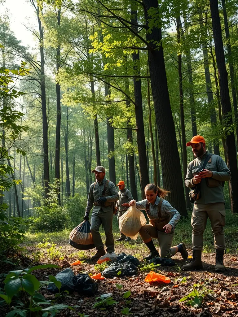 An image showing SOCIETE DE CHASSE DE LOUDEAC members cleaning up a local forest, removing litter and debris to maintain a healthy ecosystem.