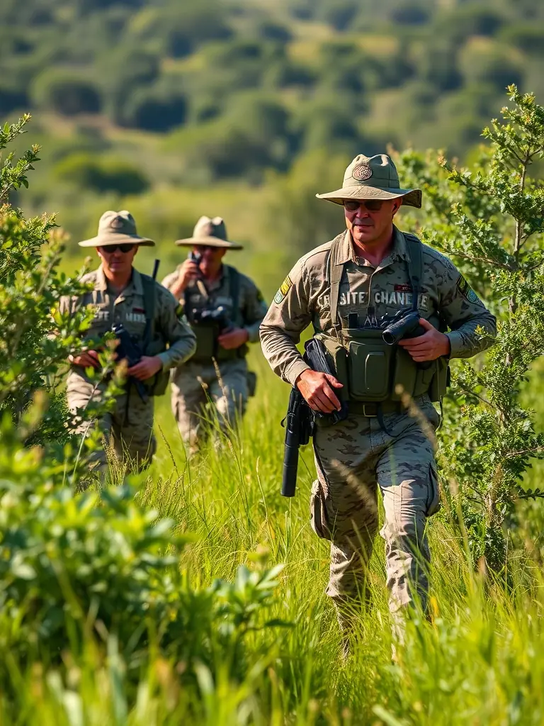 A photograph depicting SOCIETE DE CHASSE DE LOUDEAC members participating in an anti-poaching patrol, showcasing their dedication to protecting wildlife from illegal hunting activities.