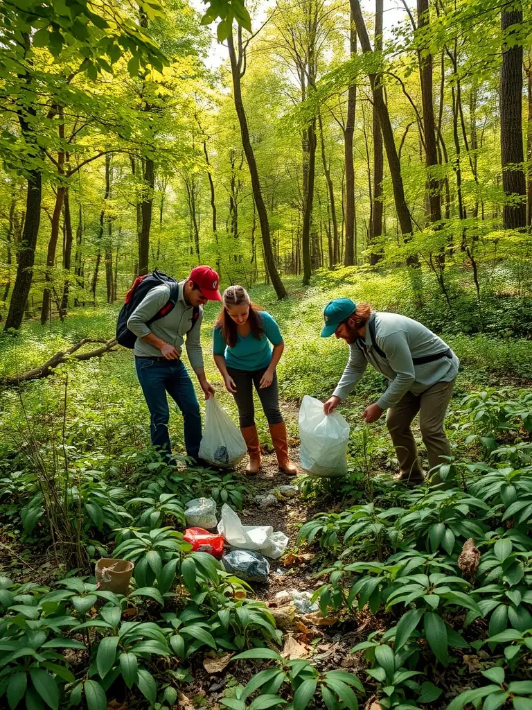 A photograph showing SOCIETE DE CHASSE DE LOUDEAC members cleaning up a forest area, removing litter and debris to maintain a healthy wildlife habitat.