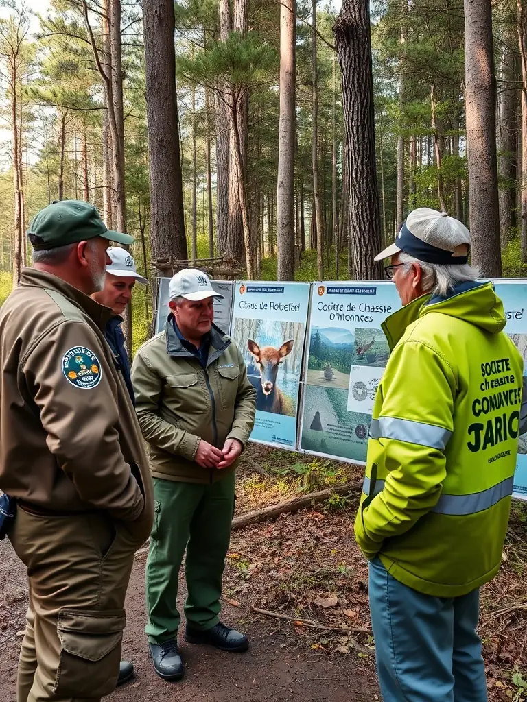 A photograph of a SOCIETE DE CHASSE DE LOUDEAC educational workshop, with members teaching local residents about responsible hunting practices and environmental conservation.