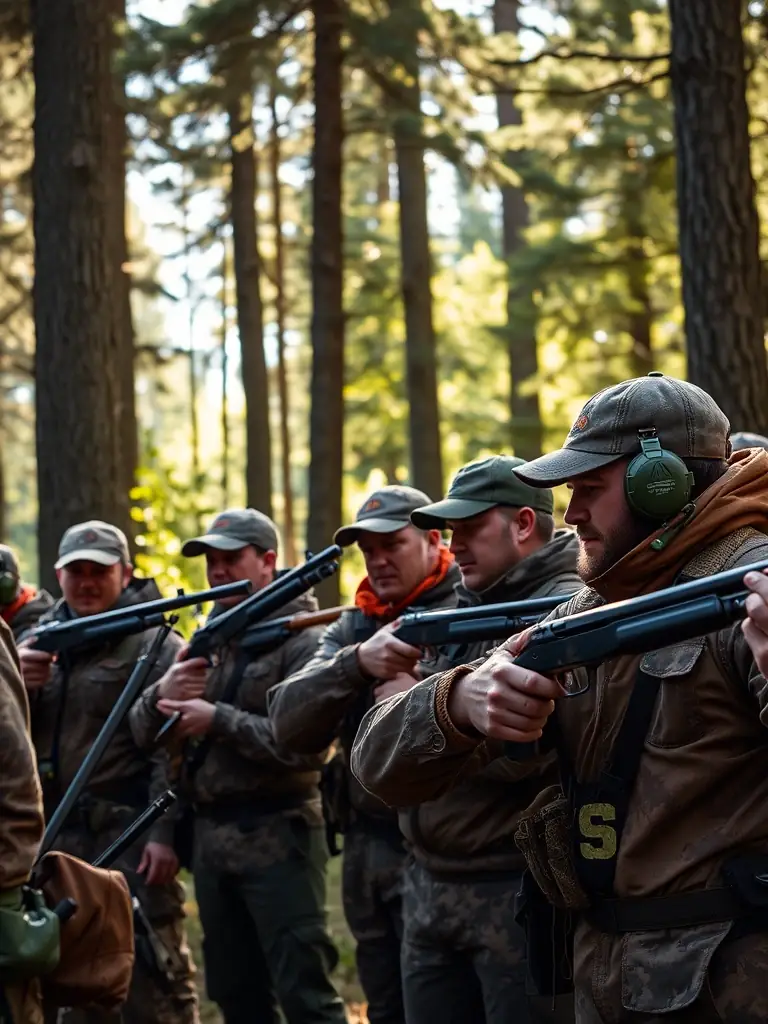 A photograph depicting hunters adhering to hunting regulations, showcasing respect for rules and ethical hunting practices within SOCIETE DE CHASSE DE LOUDEAC.