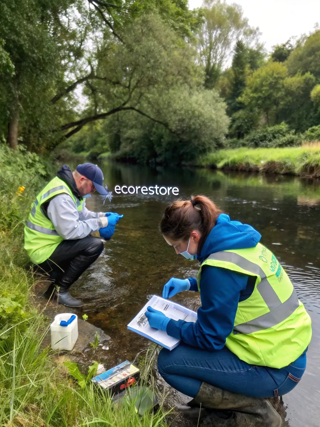 An image showing SOCIETE DE CHASSE DE LOUDEAC members monitoring water quality in a local stream, assessing the health of aquatic ecosystems and identifying potential pollution sources.