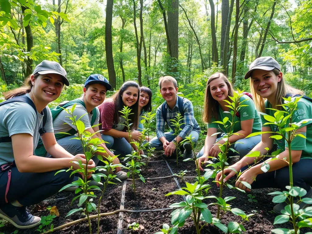 A photograph showcasing a group of volunteers participating in a habitat restoration project, planting trees and clearing invasive species in a local forest.
