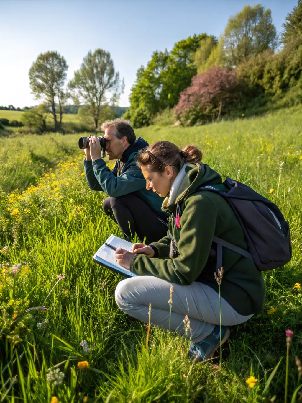 A visual representation of sustainable wildlife management, such as a controlled burn to improve habitat or a wildlife survey being conducted by SOCIETE DE CHASSE DE LOUDEAC members.