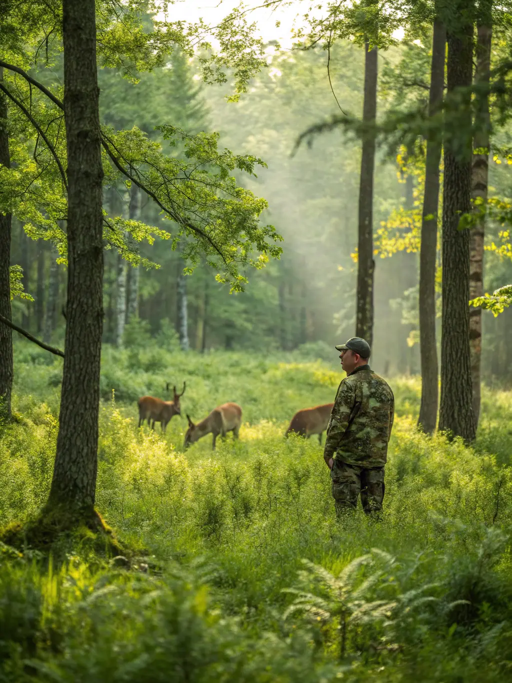 A photograph capturing a group of SOCIETE DE CHASSE DE LOUDEAC members participating in a wildlife census in the Loudeac region, focusing on deer population monitoring.