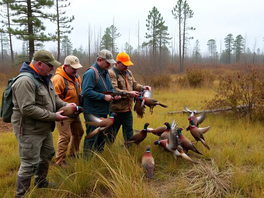 A photograph depicting a group of volunteers releasing pheasants into a managed habitat, showcasing the organization's commitment to wildlife repopulation and habitat enrichment.